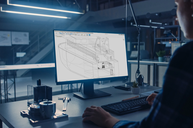 Engineer designing a vessel installation in CAD software